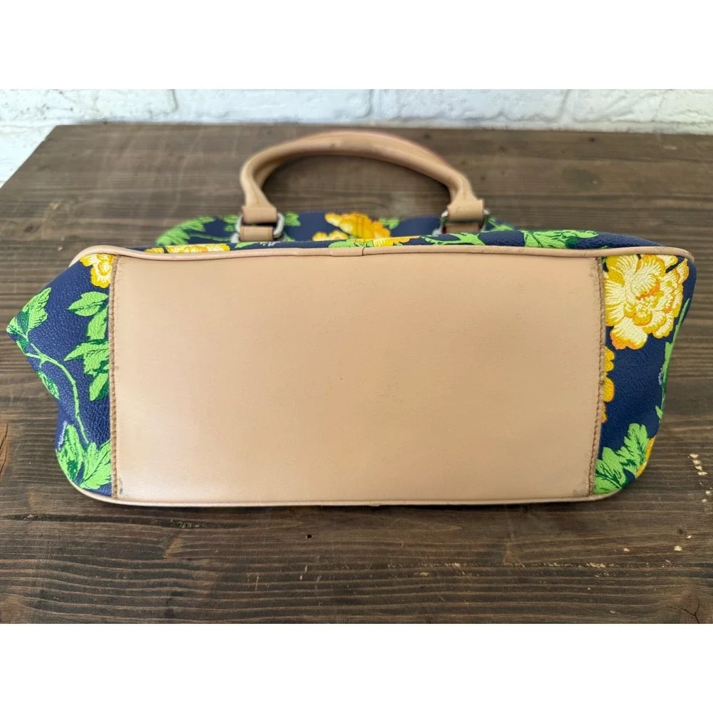 Tignanello Bed‎ of Roses Floral Satchel Handbag Purse Navy Yellow Flower Print